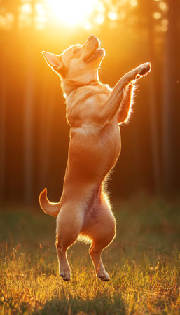 Playful Dog Enjoys the Golden Hour in Nature, Full Length Portrait of Canine Bliss and Freedomの素材