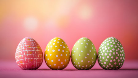 Four Colorful Easter Eggs with Polka Dot Patterns on a Pink Background with Space for Textの素材