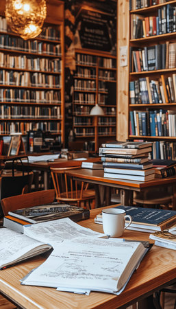 Busy Teachers Desk with Textbooks, Lesson Plans, and Coffee, in a Cozy, Book-Filled Studyの素材
