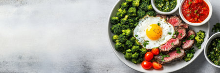 Ketogenic Diet Food, Steak And Eggs With Roasted Broccoli, Tomato, Salsa Verde And Guacamoleの素材