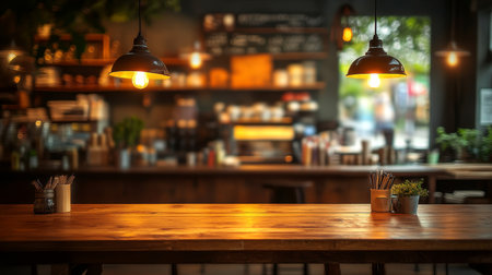 Empty Rustic Bar Counter with Warm Lighting, Blurry Background, and Urban Chic Ambianceの素材
