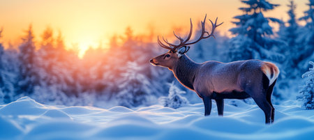 Majestic Stag in Winter Wonderland Deer Stands Proudly Amidst Snowy Landscape at Sunsetの素材