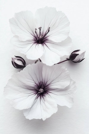 Trio of Delicate White Flowers with Deep Purple Centers, Isolated on White Background.の素材