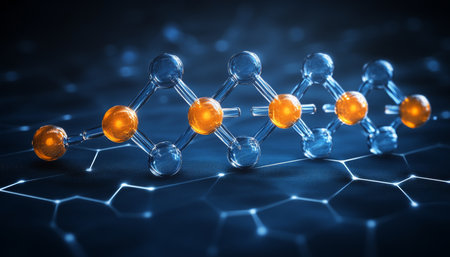 Molecular Chain Abstract Background with Orange and Blue Bokeh Lights on Hexagonal Gridの素材