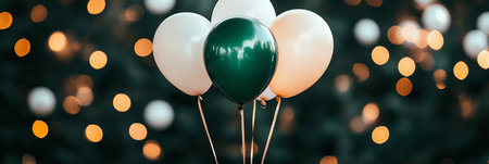 Green and White Balloons Add a Festive Touch to a Celebration Against a Sparkling Bokeh Background.の素材