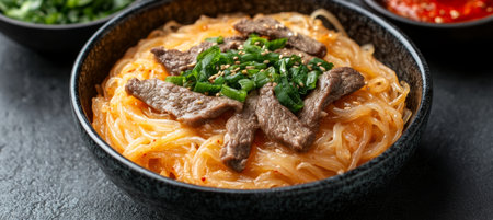 Spicy Glass Noodle Stir-fry Savory Japchae with Marinated Beef and Vibrant Vegetablesの素材