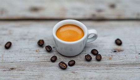 Tiny Cup, Big Flavor A Miniature Espresso Surrounded by Coffee Beans on Rustic Wooden Backgroundの素材