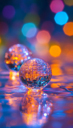 Two Crystalline Spheres on a Reflective Surface, Illuminated by Colorful Bokeh Lights.の素材
