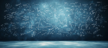 Dark Blue Chalkboard Background With Mathematical Formulas And Equations In Classroomの素材