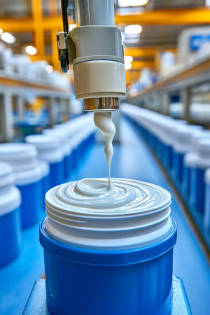 Automated Cosmetic Tube Filling Machine Dispensing Cream with Precision Nozzles in a Factory Settingの素材