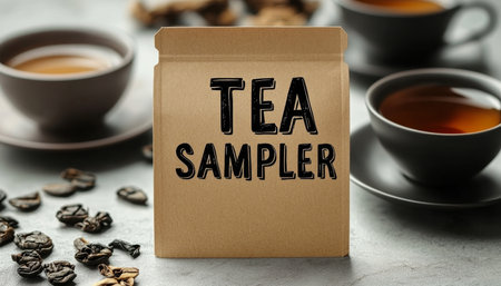 Tea Sampler Variety Pack Mockup, Kraft Paper Pouch With Assorted Tea Leaves, Minimalist Designの素材