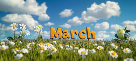 Hello March. Spring Meadow With Daisies And Green Grass Under The Blue Sky With Clouds.の素材