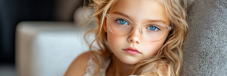 Close Up Of A Curious, Blue-eyed Girl With Glasses, Highlighting Beauty And Intelligenceの素材