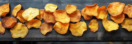 Dried fruit chips. Healthy organic snack. Vegetable chips on, trend food. Top view., copy spaceの素材