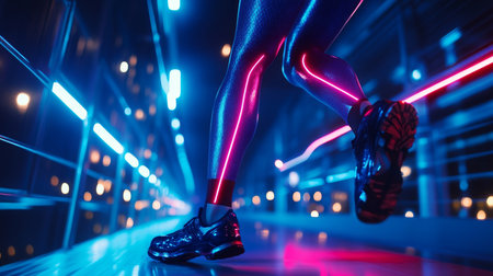 Night Urban Run, Motion Blurred Legs of Athletic Woman, Futuristic Neon Lights, Body Enhancementsの素材