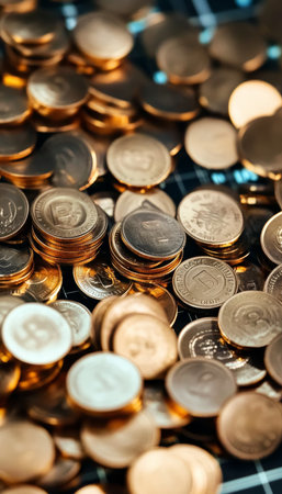 Close-up, Abundant Stacked Copper Coins on a Patterned Surface, Finance, Wealth, Investment conceptの素材