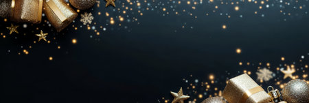 Elegant Golden Christmas Presents  Ornaments on Dark Xmas Bauble Copy Space Background.の素材