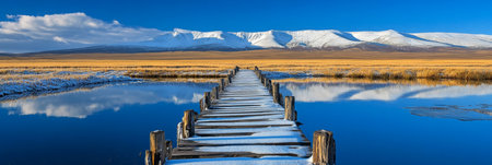 Scenic View of Snow Covered Mountains and Wooden Footbridge Over Serene Lake In Winter, Xinjiangの素材