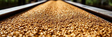 Golden Grains on Conveyor Belt Close-up of Food Production and Processing in Factoryの素材