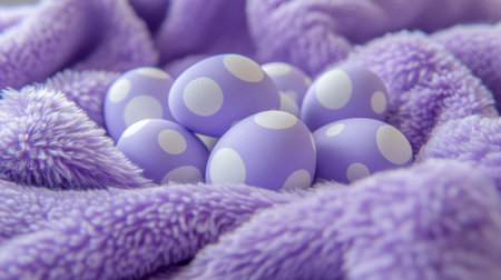 Purple Easter Eggs with White Polka Dots on Soft Blanket , Spring Festive Holiday Backgroundの素材