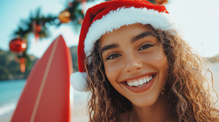 Christmas Surfer Girl Smiles on Beach, Tropical Holiday Cheer with Surfboard and Decorationsの素材