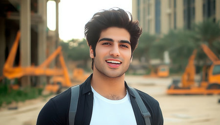 Portrait of a confident young Middle Eastern man standing outside on a sunny afternoon.の素材