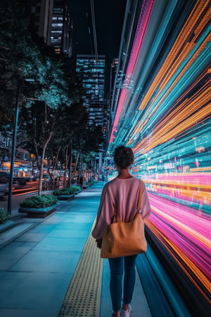 Woman Walking through City at Night with Streaks of Light, Modern Architecture, Urban Sceneの素材