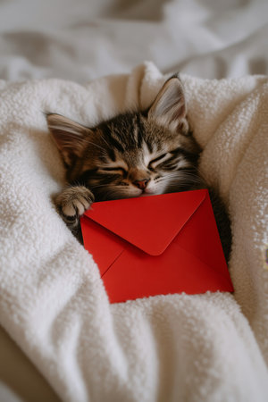 Curious Kitten Napping, Embraced by Soft Blanket, Holds Red Envelope Filled with Mystery and Charm.の素材
