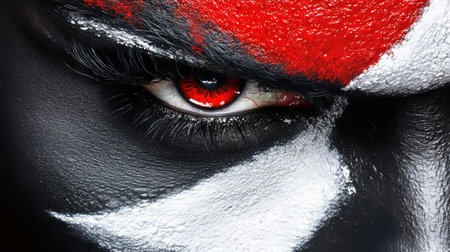 Intense Gaze of a Warrior Close-Up Portrait, Dramatic Eye Makeup, and a Fierce Expression.の素材