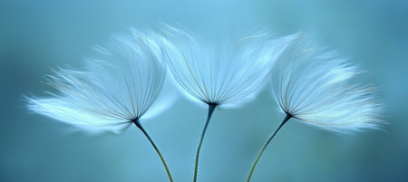 Three Delicate Dandelion Seed Heads on Tranquil Blue, Nature Photography, Detailed Macroの素材