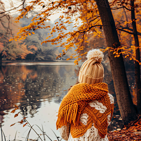 Woman in Cozy Knitwear by the Lake, Embracing Autumns Serenity and Vibrant Colors of Fall.の素材