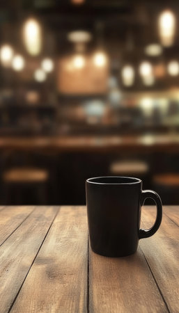 Black Coffee Cup on Empty Wooden Table in Cozy Cafe Setting, Warm and Inviting Ambianceの素材