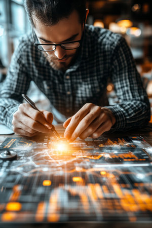 Businessman Analyzing Glowing Financial Chart, Economic Growth and Investment Conceptの素材