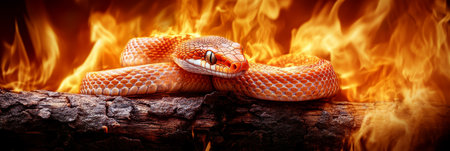 Fiery Serpent An orange snake finds warmth amidst the fiery inferno, contrasting colorsの素材