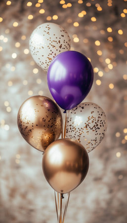 Purple, Gold, And Silver Confetti Balloons On A Blurred Bokeh Background For Celebration And Partyの素材