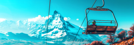 Empty Ski Lift Chair With Scenic View Of Snow Capped Mountain Peaks On A Crisp Winter Dayの素材