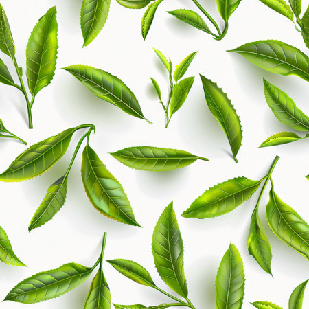 Seamless Pattern With Realistic Green Tea Leaves, Scattered Randomly On A White Background.の素材