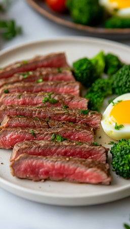 Sliced Steak and Eggs with Broccoli, A Healthy and Delicious Meal Presented on a White Plateの素材
