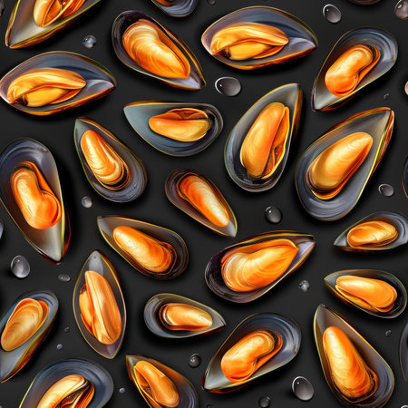 Seamless Pattern of Photorealistic Mussels on Black Background, Seafood Design Elementの素材