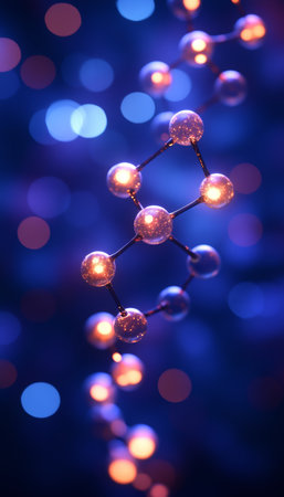 Molecular Structure, Connected Spheres on Purple and Blue Background, Science, Chemistry Researchの素材