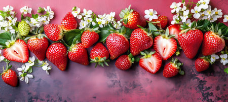 Freshly Picked Strawberry Delight A Flat Lay Composition on Pink Background with Spring Blossomsの素材