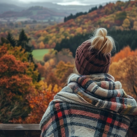 Woman in Warm Beanie and Plaid Blanket Enjoys the Scenic Beauty of a Colorful Autumn Valleyの素材