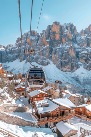 Breathtaking Alpine Scenery Cable Car Ascent to Idyllic Snow-Covered Village, Winter Wonderlandの素材