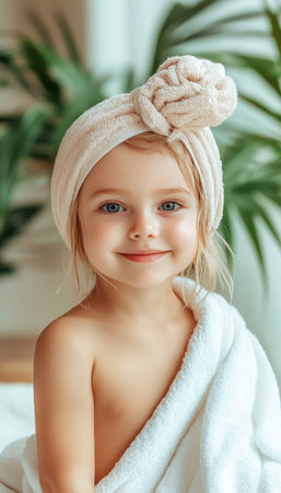 Adorable Little Girl with Knotted Headband, Smiling at the Camera Showing Her Fresh, Glowing Skinの素材