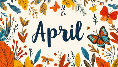 April Springtime Blooms A Colorful Floral Background with Butterflies for Seasonal Designsの素材