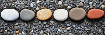Six Smooth Stones Arranged in a Row on a Ground Textured by Grey and White Pebble Rocksの素材