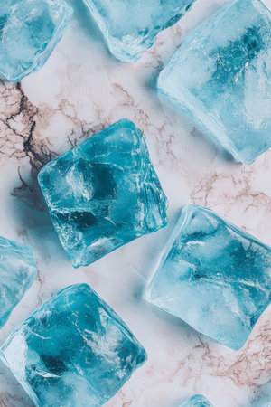 Cool Blue Minimalist Composition with Ice Cubes Scattered on a Marble Texture Backgroundの素材