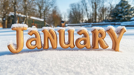 Januarys Embrace Wooden Letters Covered in Snow Spell Out the Month in a Winter Wonderlandの素材
