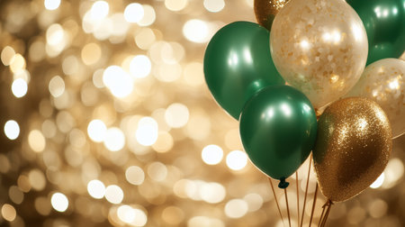 Elegant Green and Gold Balloons on a Sparkling Background A Festive Holiday Celebrationの素材