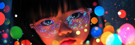 Girl with Magical Glasses An Extreme Close Up of Bokeh and Sparkle On A Childs Faceの素材